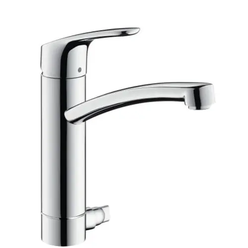 Hansgrohe Armatur mit einem langen Auslauf und einem Hebel. Die Oberfläche ist glänzend und chromfarben. Ideal für Küchen- oder Spültische geeignet.